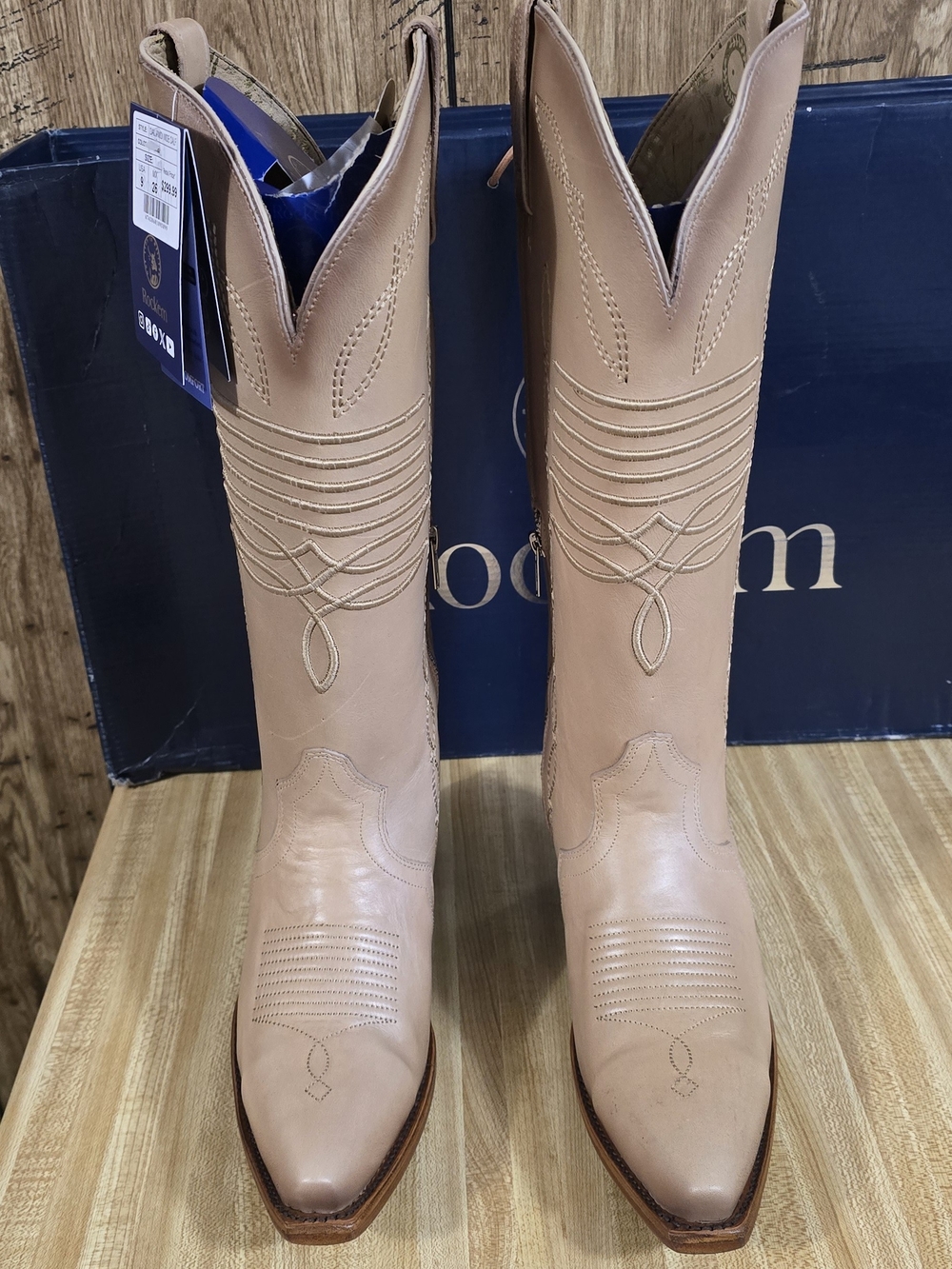 Rock'em Size 9 Leather Knee-High Boots in Beige - Women's Fashion Cowboy Boots